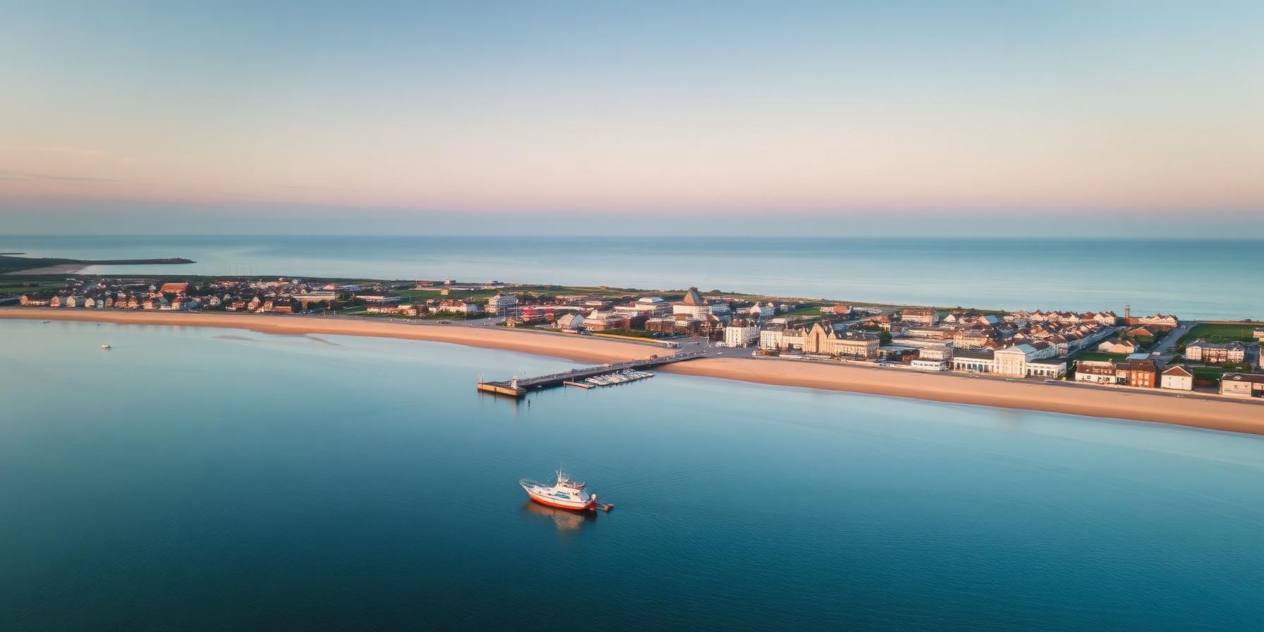 Aerial view of Littlehampton seafront and the mouth of the River Arun in West Sussex.