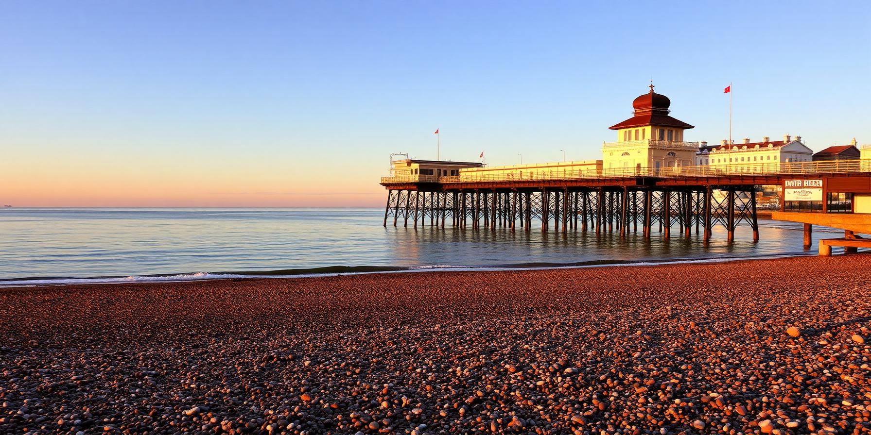 Worthing Pier stretching across the English Channel at golden hour.